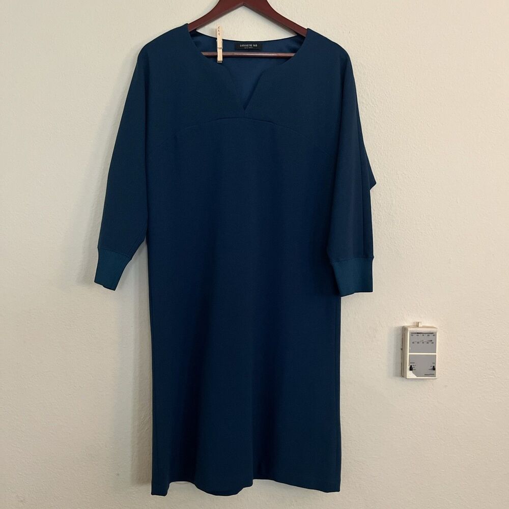 LAFAYETTE 148‎ Teal Banded 3/4 Sleeve Split V Neck Shift Dress SZ L
